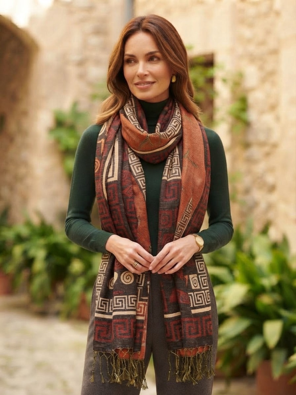 Elegant Rust & Brown Patterned Women's Pashmina Scarf